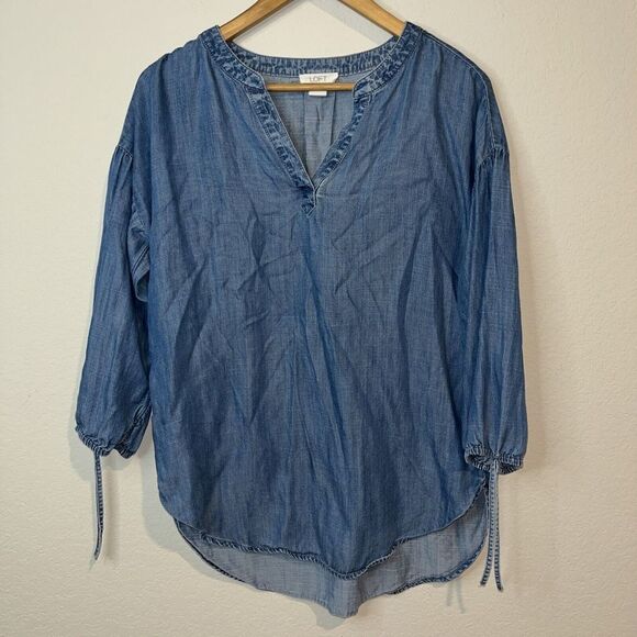 LOFT Outlet Lounge Small Blue Chambray Popover Top bubble sleeve lagan look - Picture 1 of 8